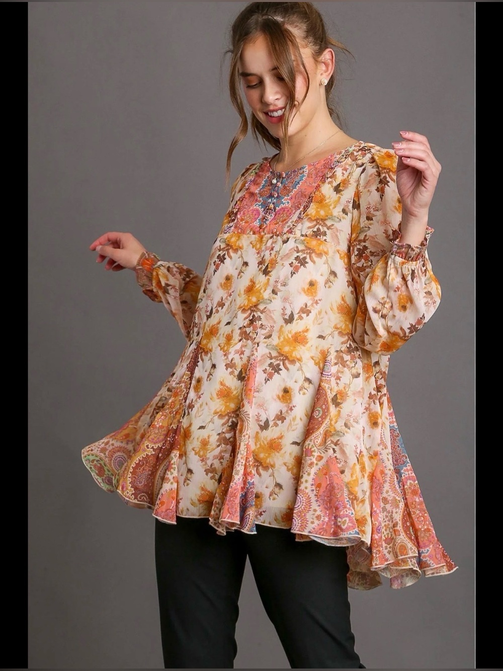 NWT Umgee Mixed Print Long Sleeve Ruffle High Low Hem Top in Orange, medium
